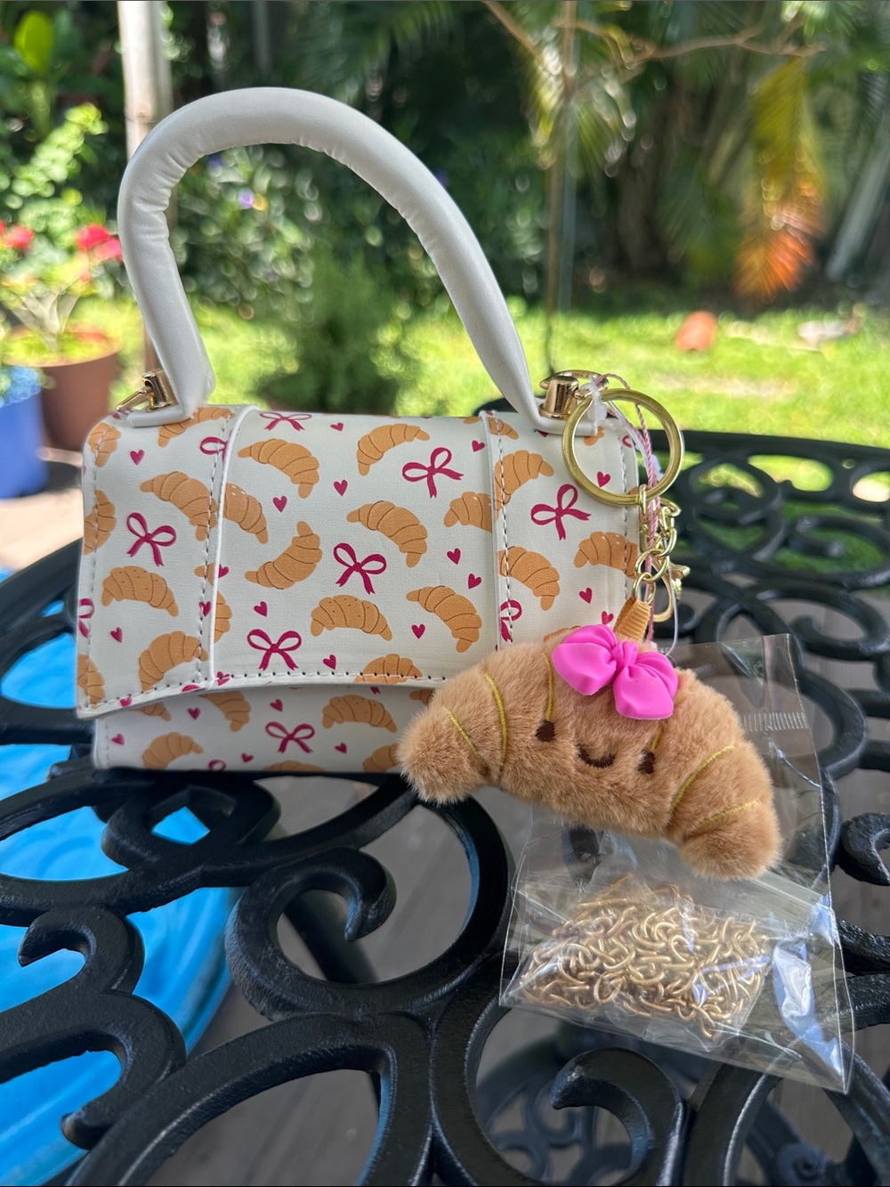 Cream Croissant Print Mini Handbag with Pink Bow Charm trending style